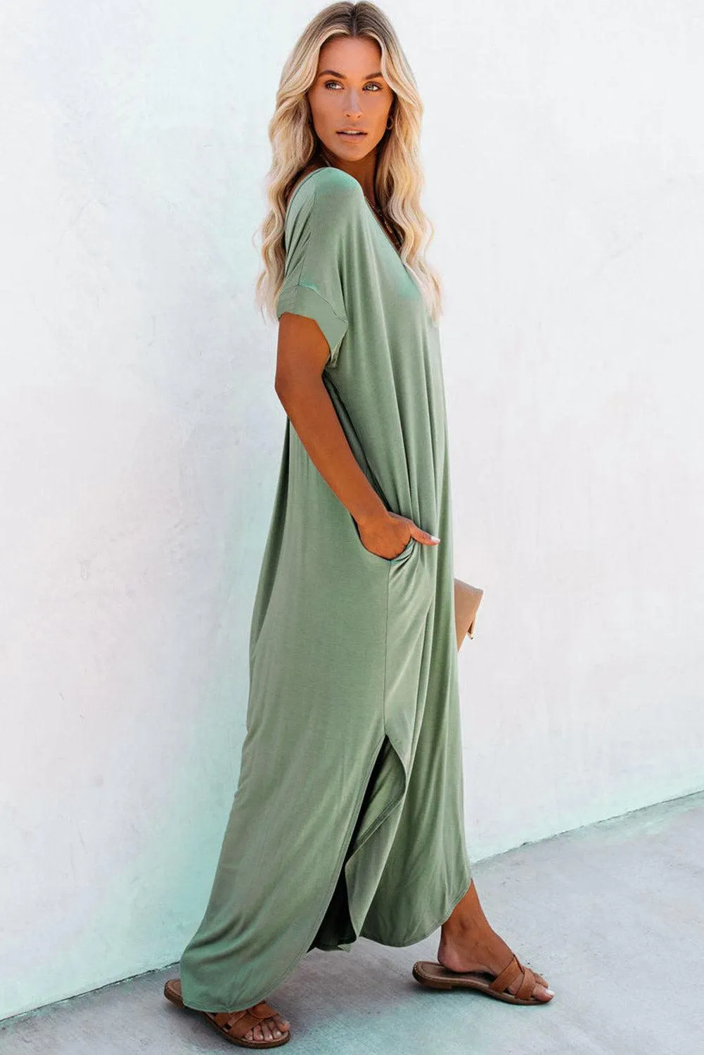 Grass Green Solid Color Hidden Pocket V Neck Slit Maxi Dress