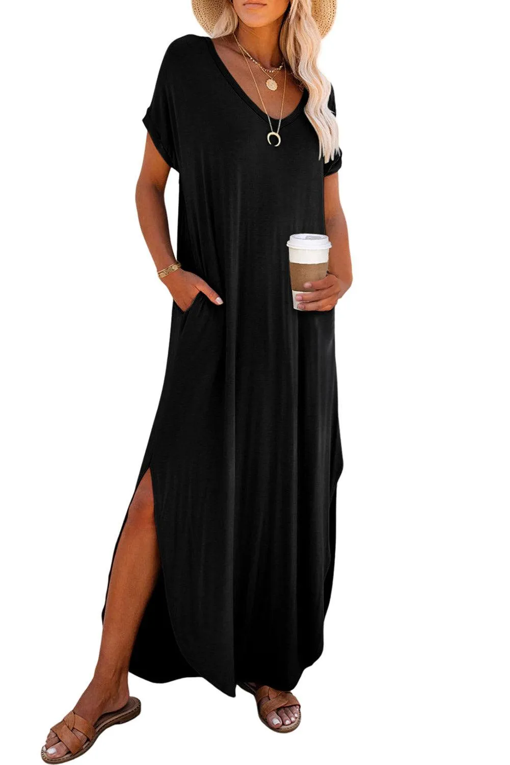 Grass Green Solid Color Hidden Pocket V Neck Slit Maxi Dress
