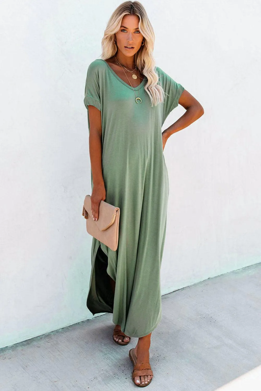 Grass Green Solid Color Hidden Pocket V Neck Slit Maxi Dress