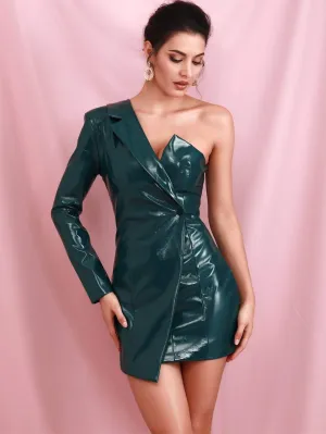 Green High Waist One Shoulder Faux Patent Wrap Dress