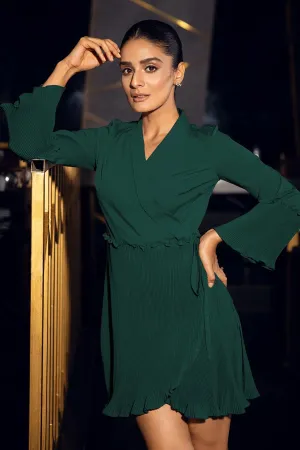 Green Pleated Wrap Dress