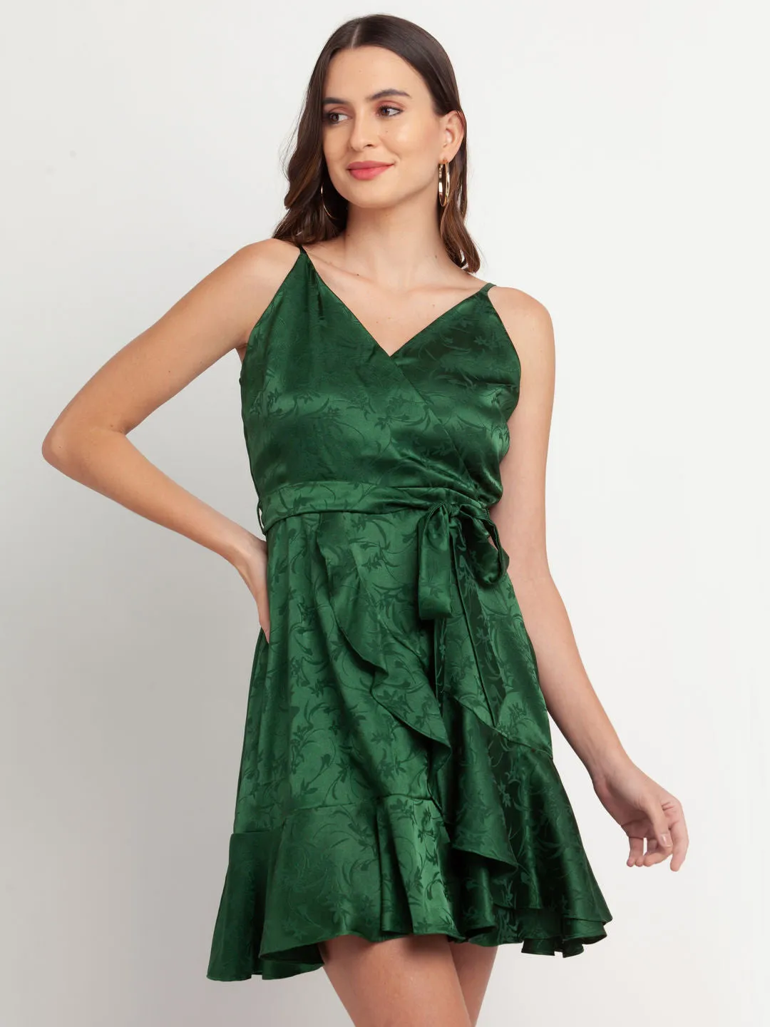 Green Solid Wrap Dress