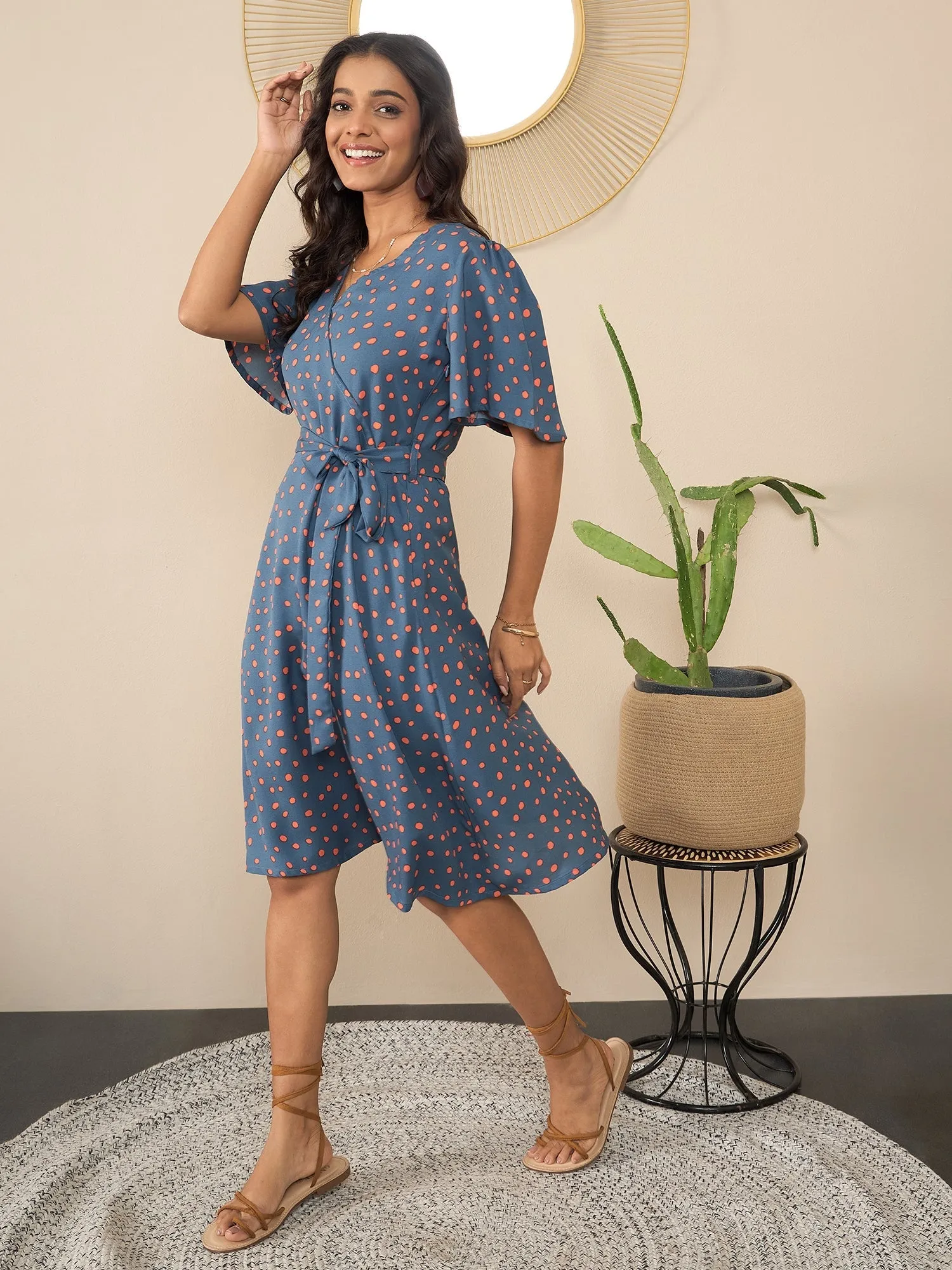 Grey Polyester Moss Polka Wrap Dress