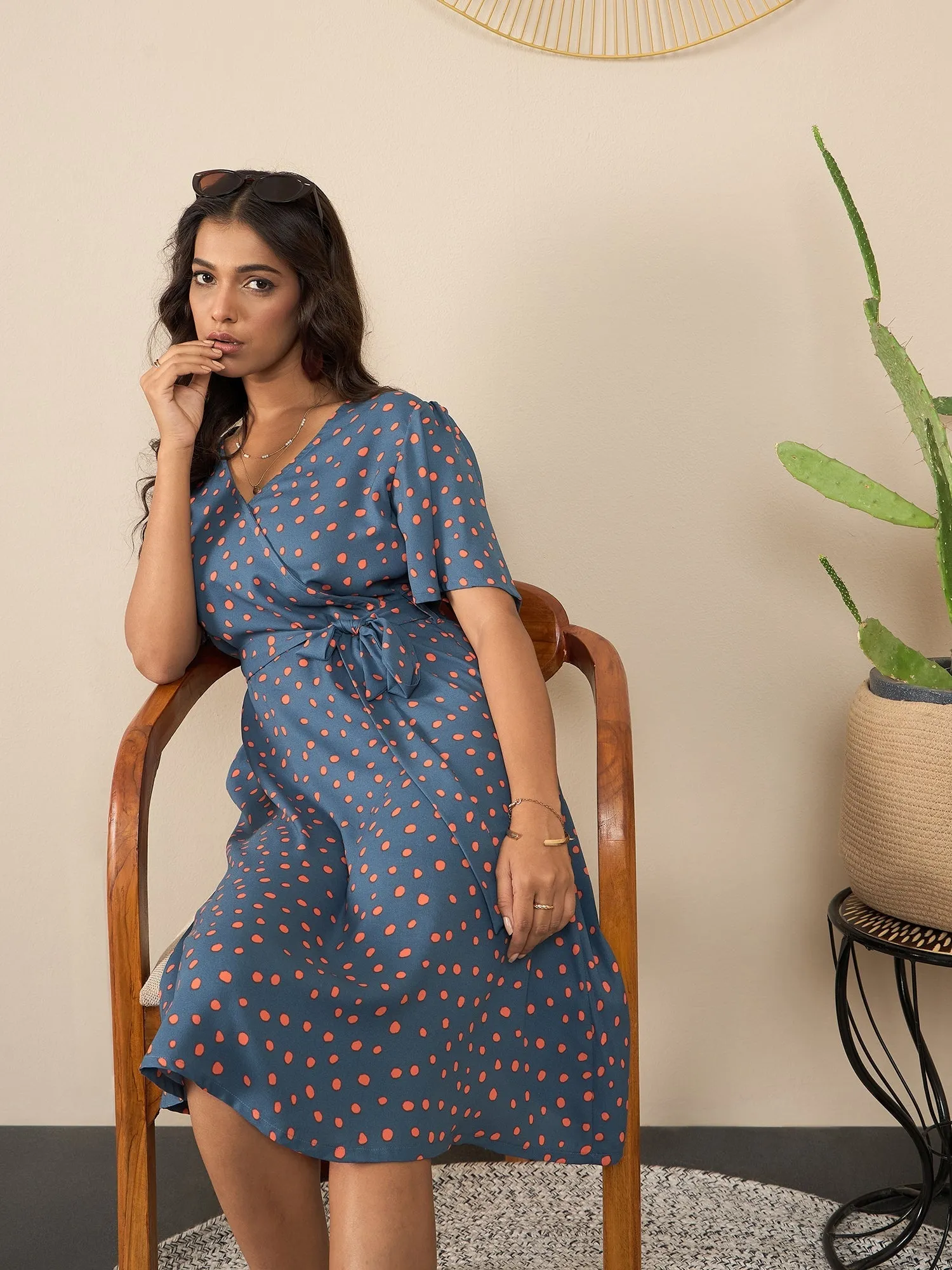 Grey Polyester Moss Polka Wrap Dress