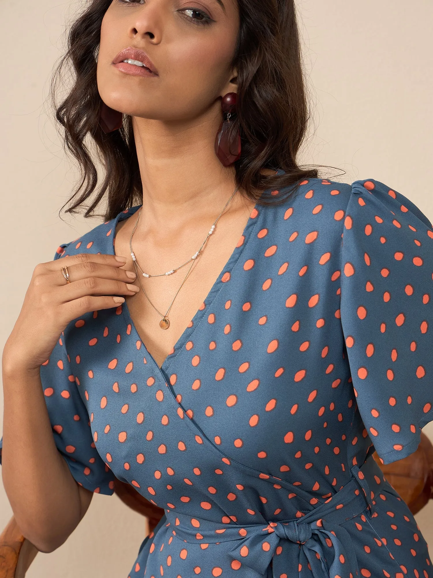 Grey Polyester Moss Polka Wrap Dress