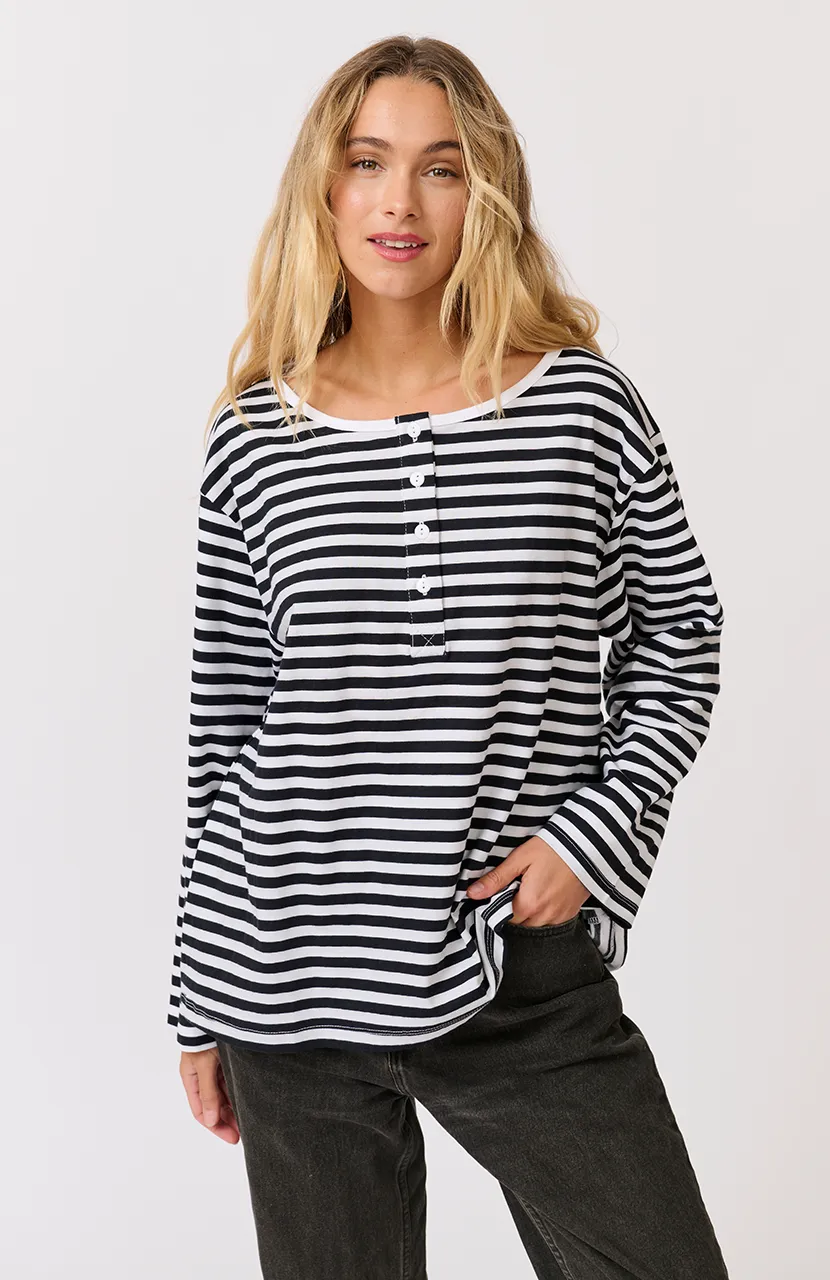 Henley Long Sleeve - Black/White Stripe