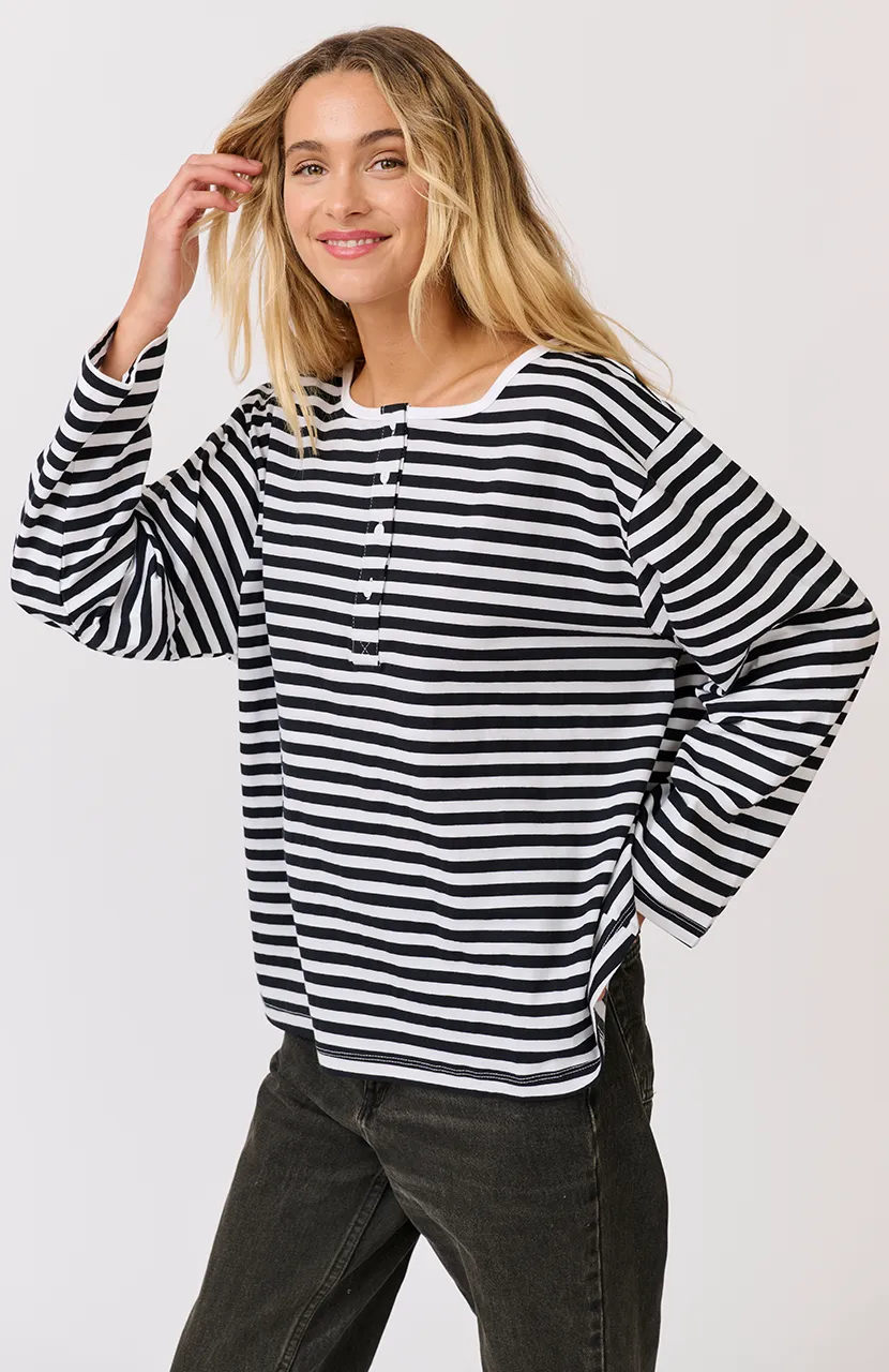 Henley Long Sleeve - Black/White Stripe