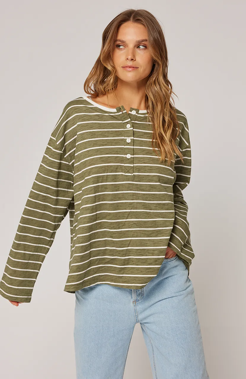 Henley Long Sleeve - Khaki Stripe