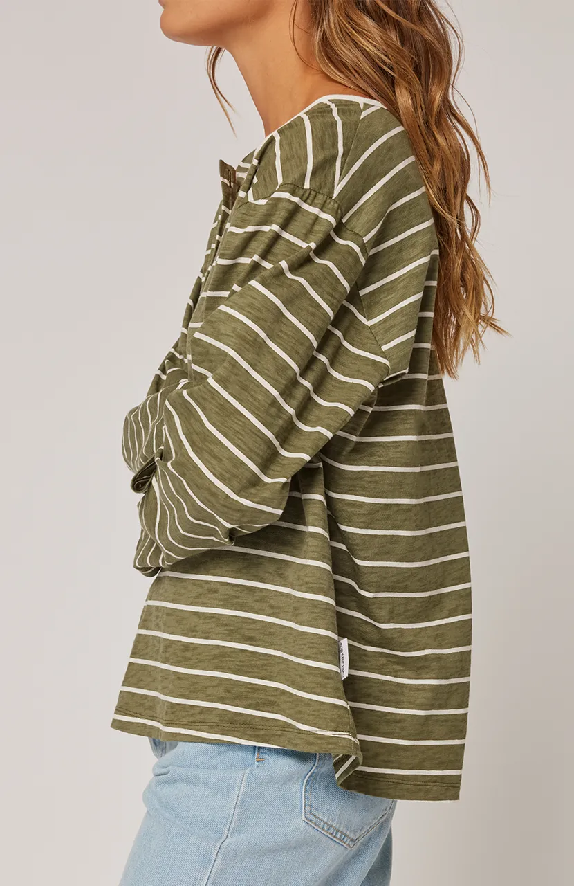 Henley Long Sleeve - Khaki Stripe