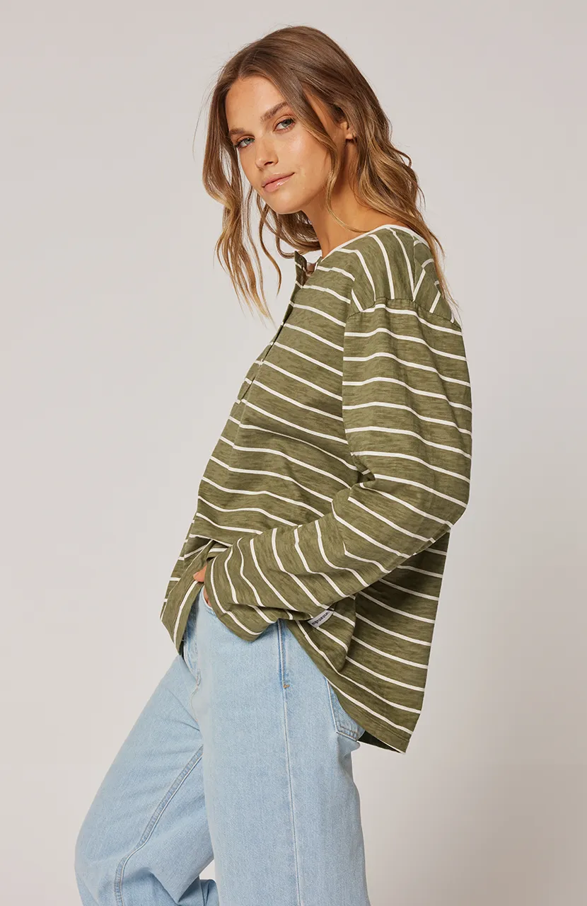 Henley Long Sleeve - Khaki Stripe