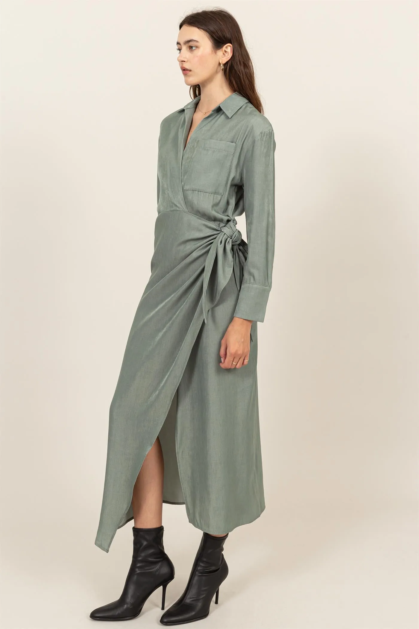 HF24G067-TIE-DETAIL WRAP MIDI DRESS