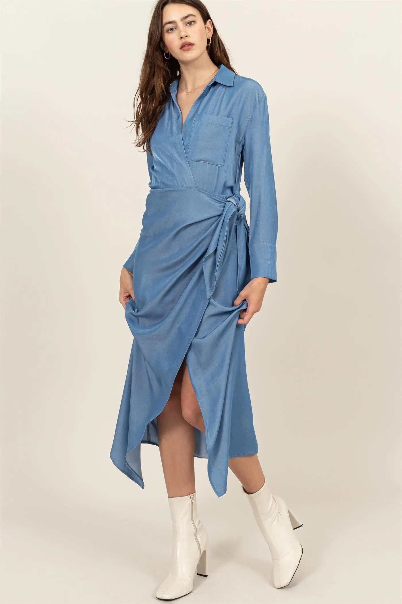 HF24G067-TIE-DETAIL WRAP MIDI DRESS