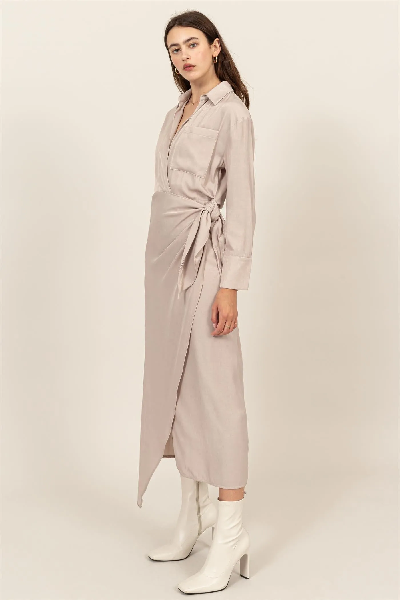 HF24G067-TIE-DETAIL WRAP MIDI DRESS