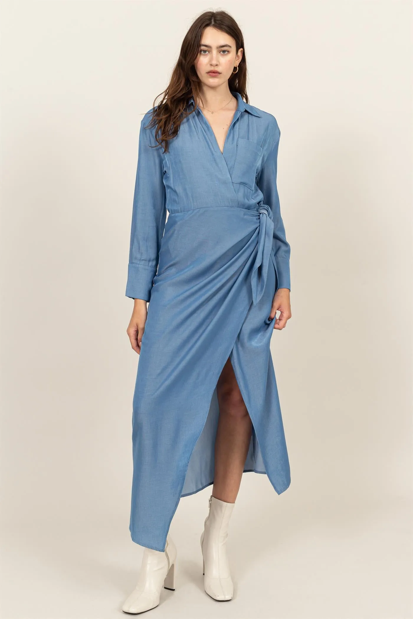 HF24G067-TIE-DETAIL WRAP MIDI DRESS