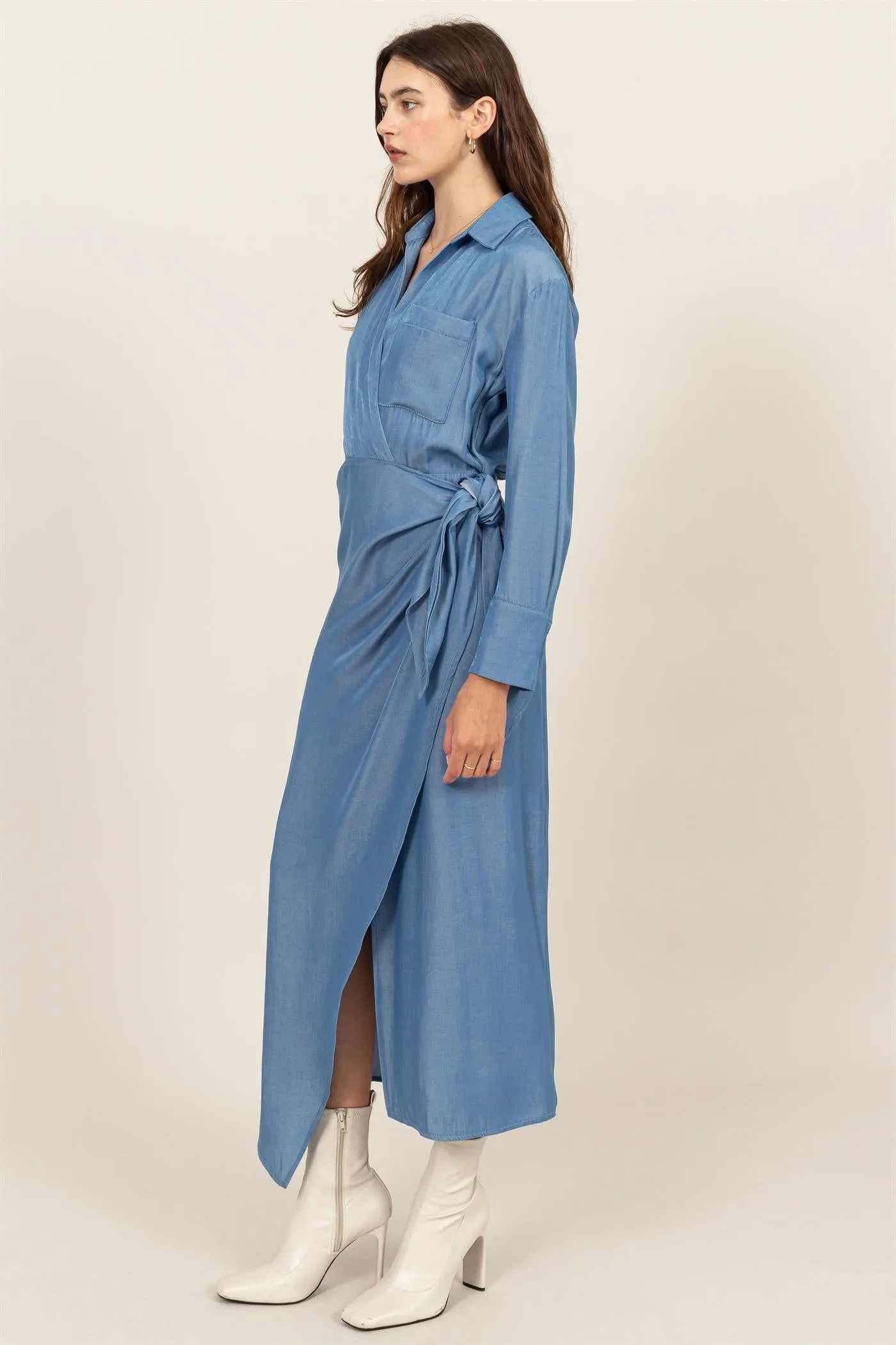 HF24G067-TIE-DETAIL WRAP MIDI DRESS