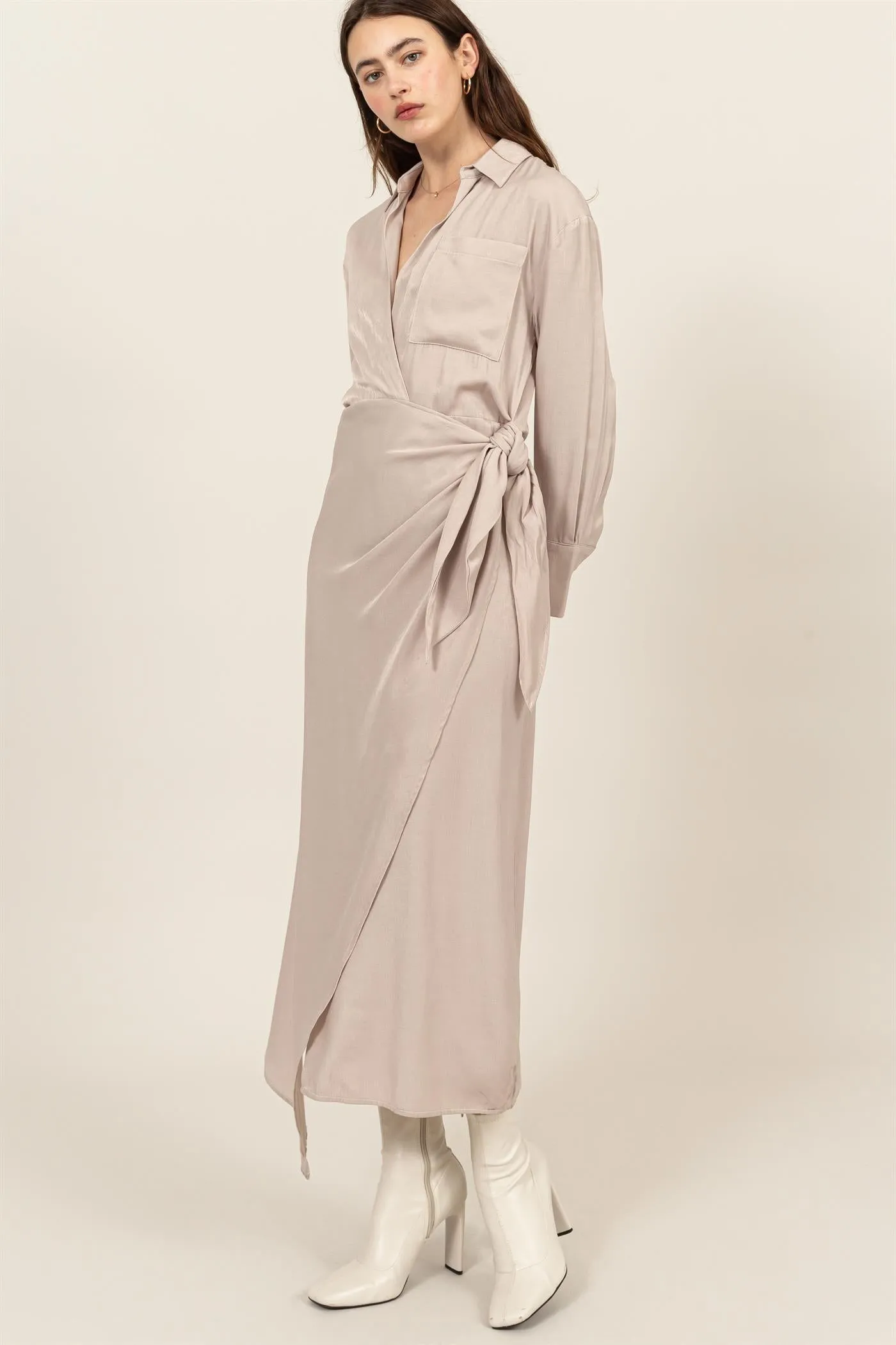 HF24G067-TIE-DETAIL WRAP MIDI DRESS