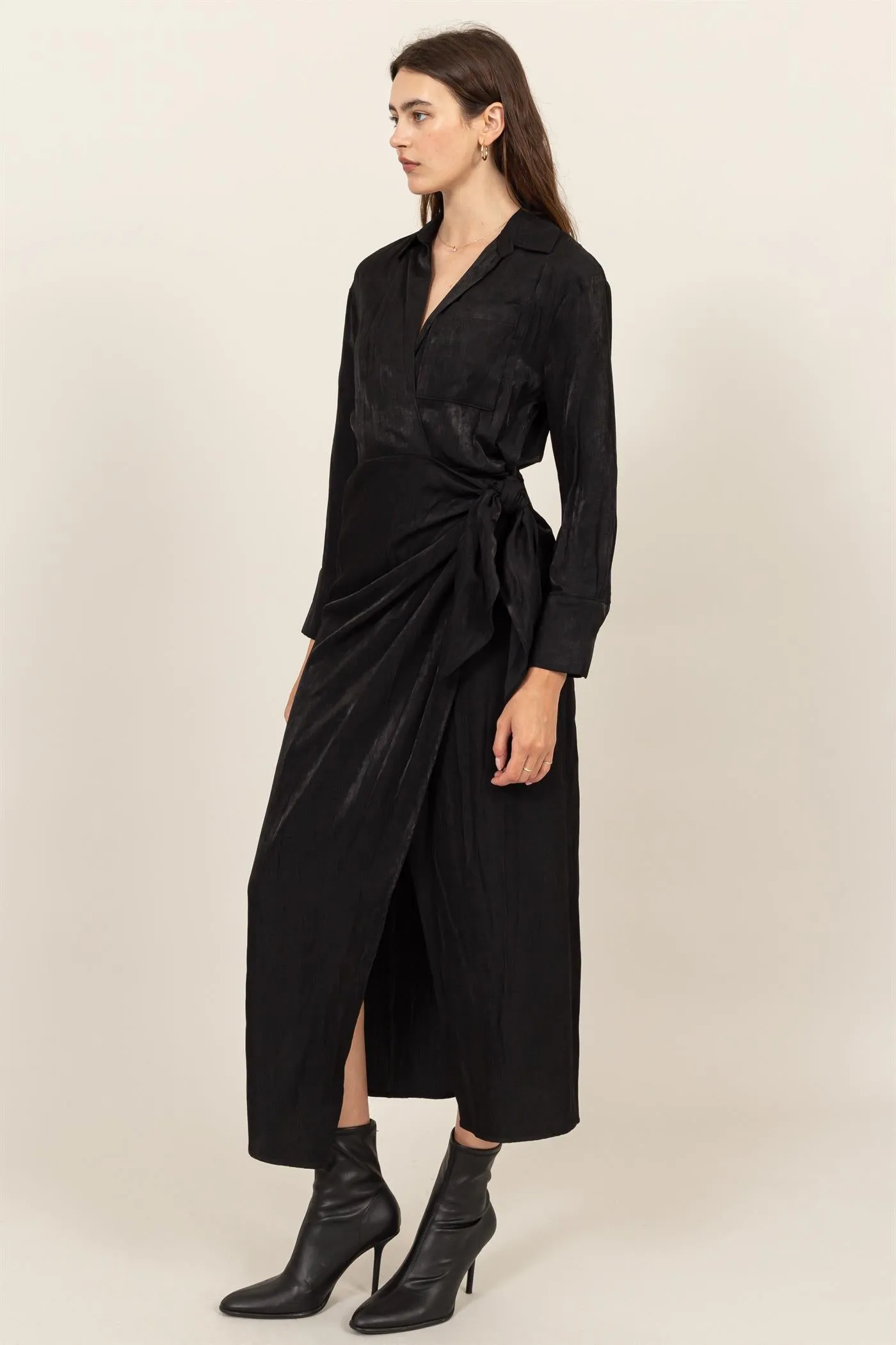 HF24G067-TIE-DETAIL WRAP MIDI DRESS
