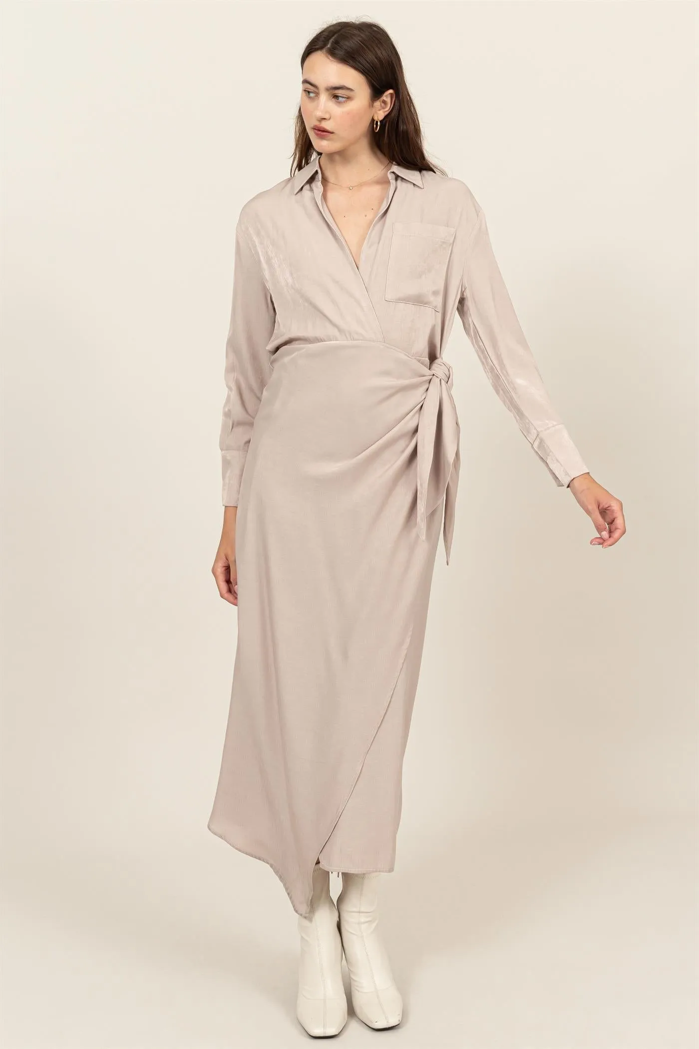 HF24G067-TIE-DETAIL WRAP MIDI DRESS