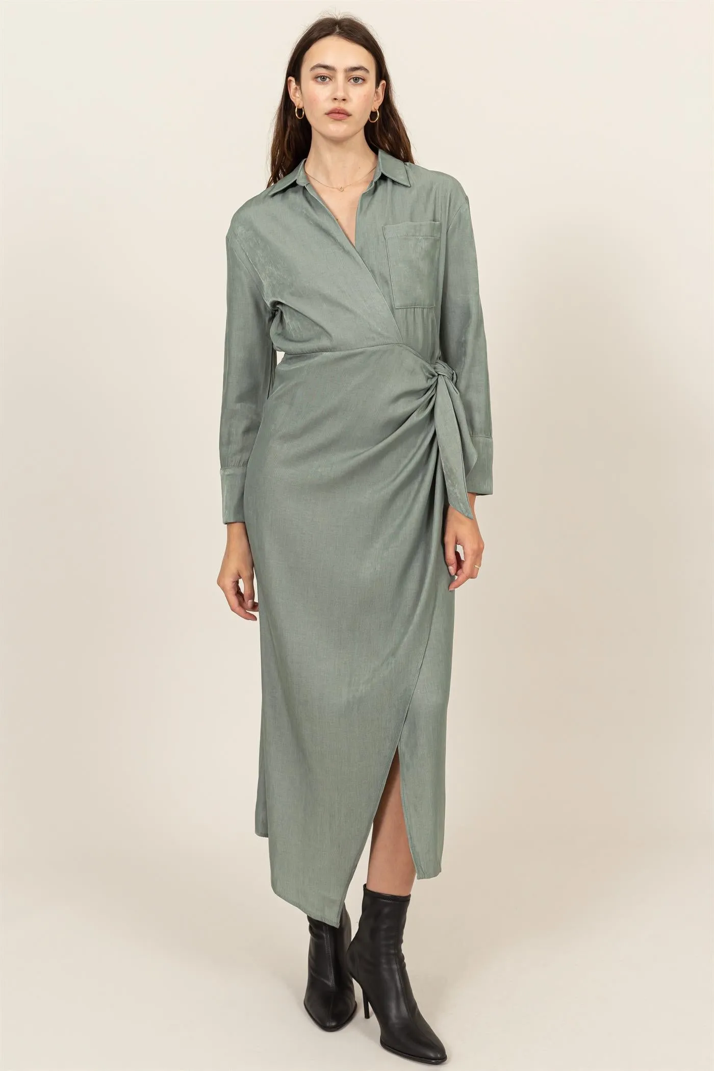 HF24G067-TIE-DETAIL WRAP MIDI DRESS