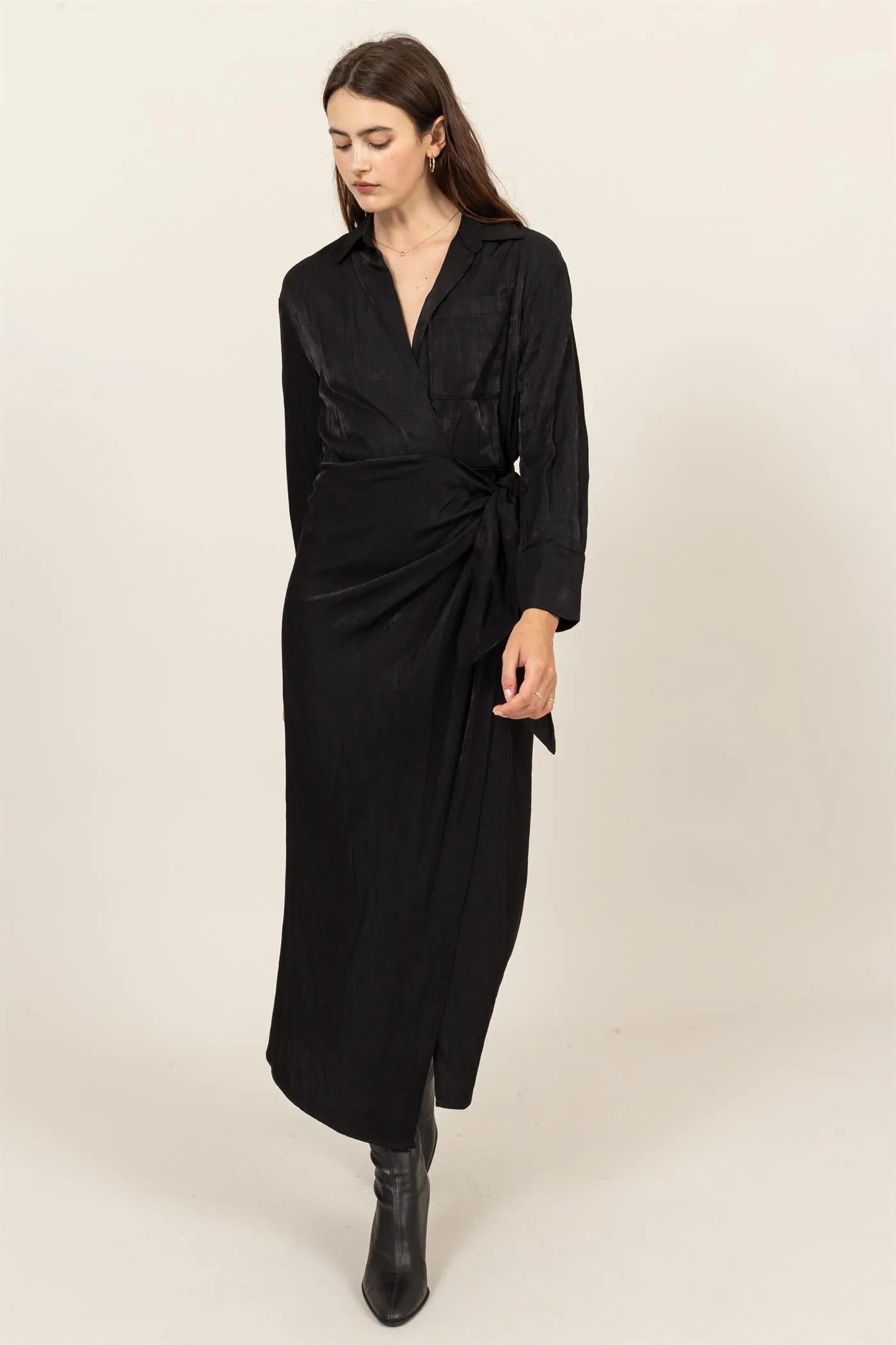 HF24G067-TIE-DETAIL WRAP MIDI DRESS