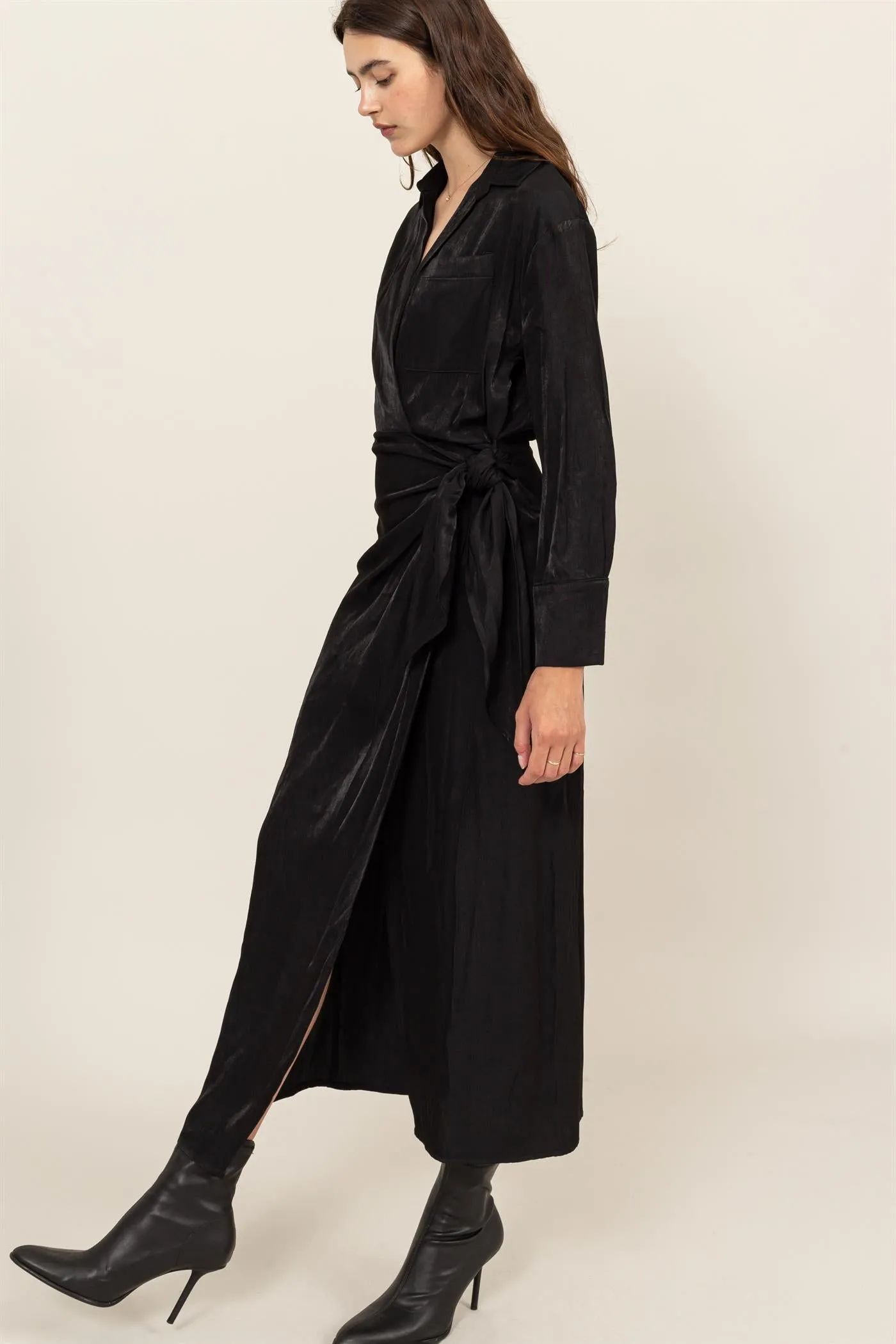 HF24G067-TIE-DETAIL WRAP MIDI DRESS