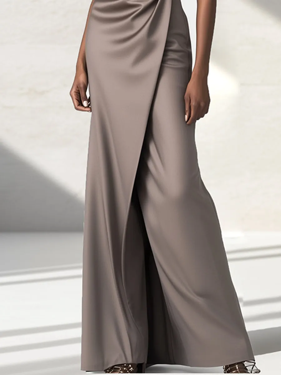 High Fashion Wrap Sleeveless Lapel Satin Maxi Dress