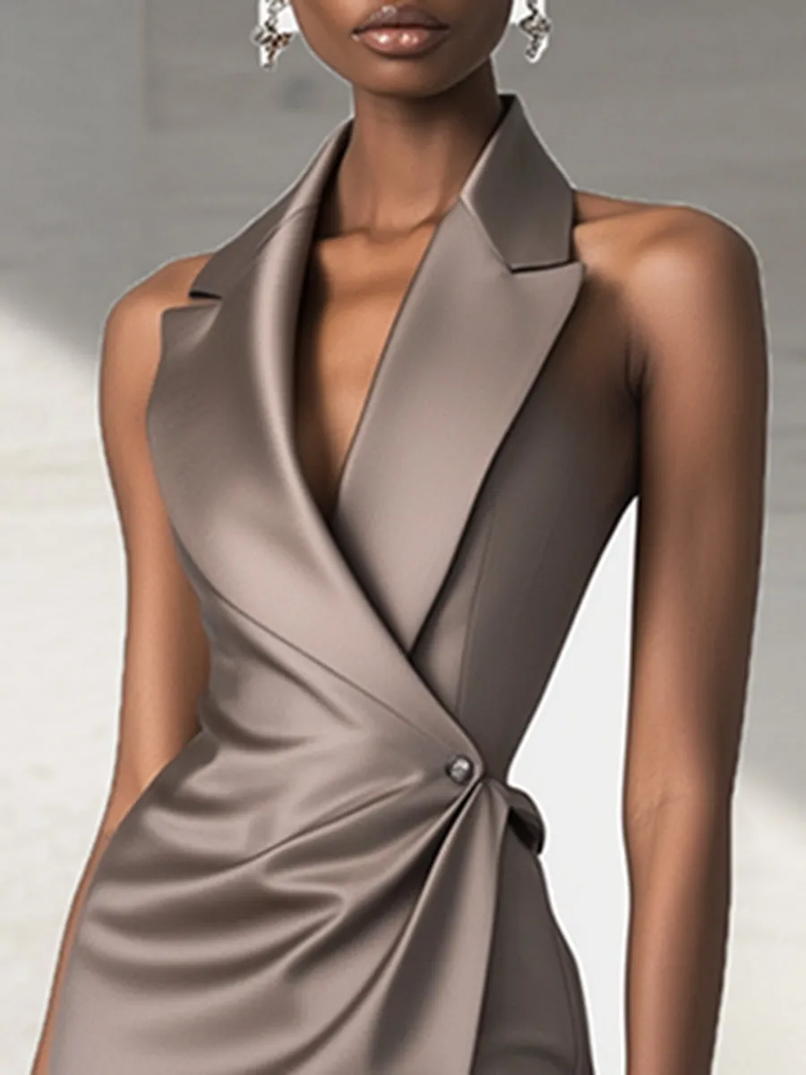 High Fashion Wrap Sleeveless Lapel Satin Maxi Dress
