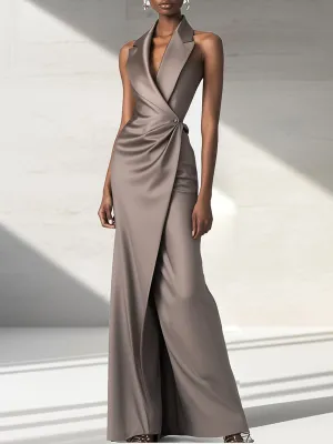 High Fashion Wrap Sleeveless Lapel Satin Maxi Dress