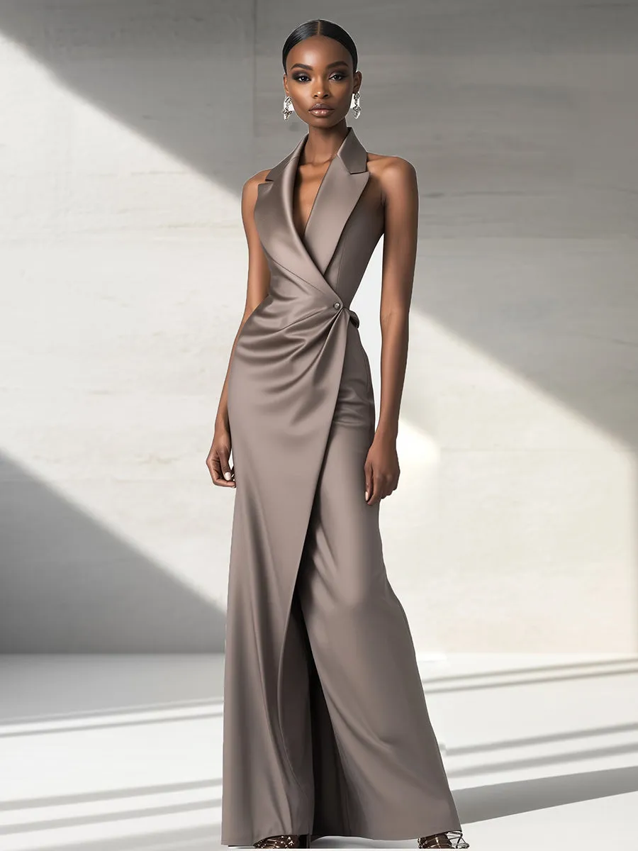 High Fashion Wrap Sleeveless Lapel Satin Maxi Dress