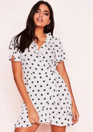 Isabella White Polkadot Wrap Frill Dress