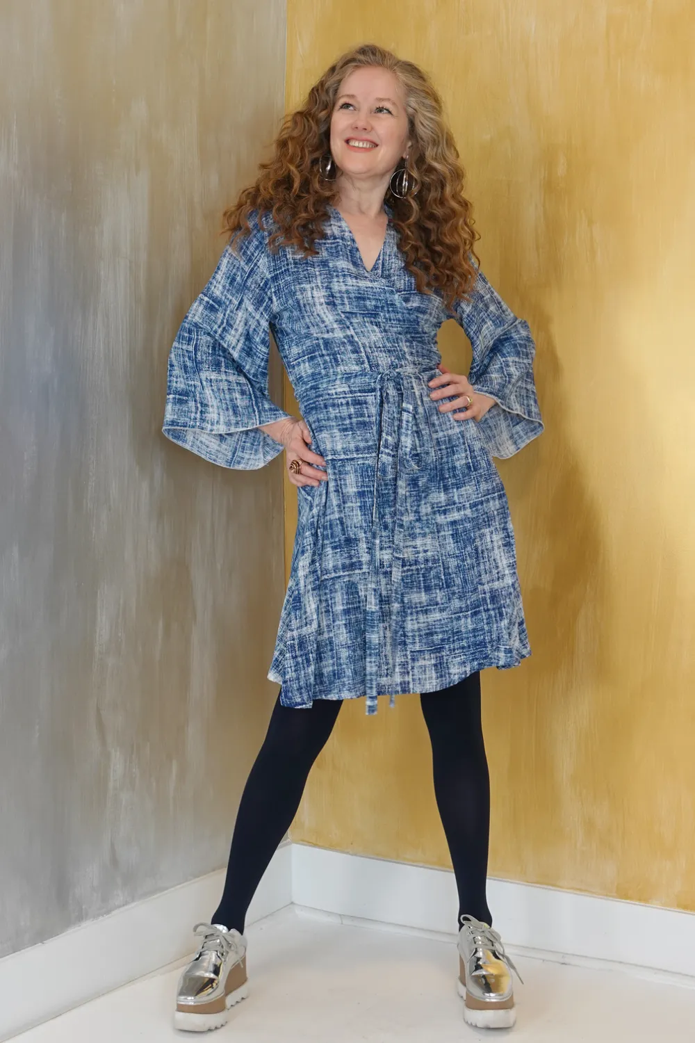 Italian Wrap Dress Denim Print