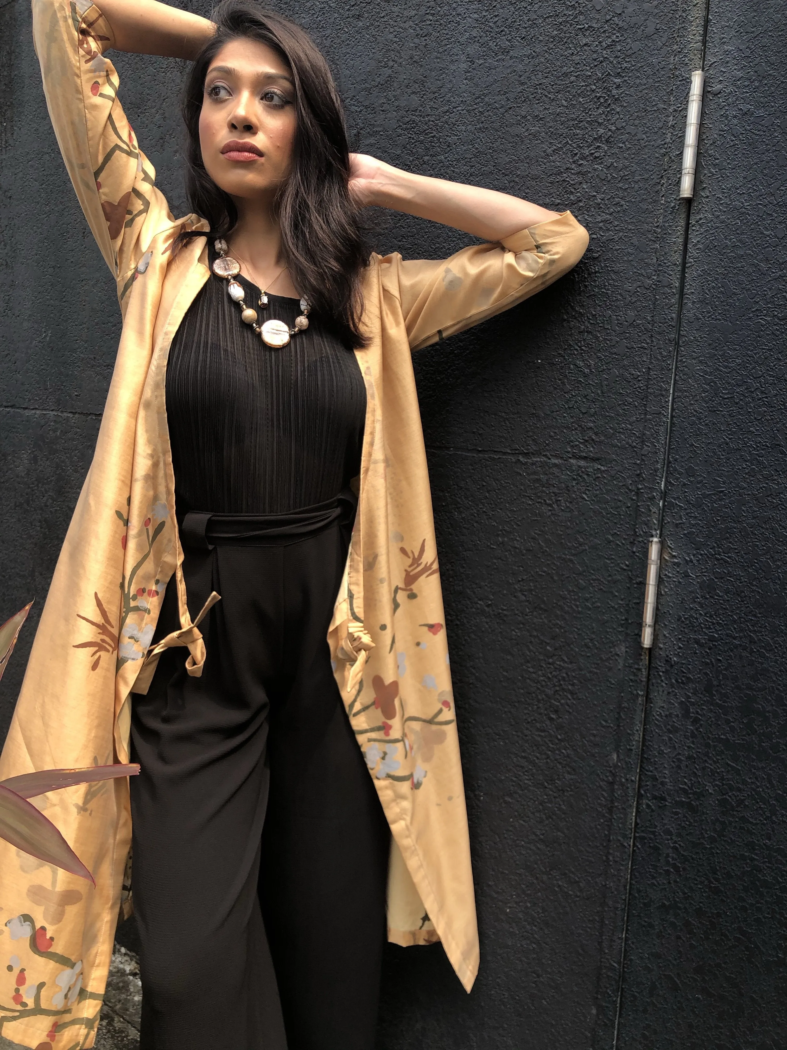 JACKET-ZEN GARDEN 2-IN-1 CHANDERI SILK WRAP DRESS BEIGE