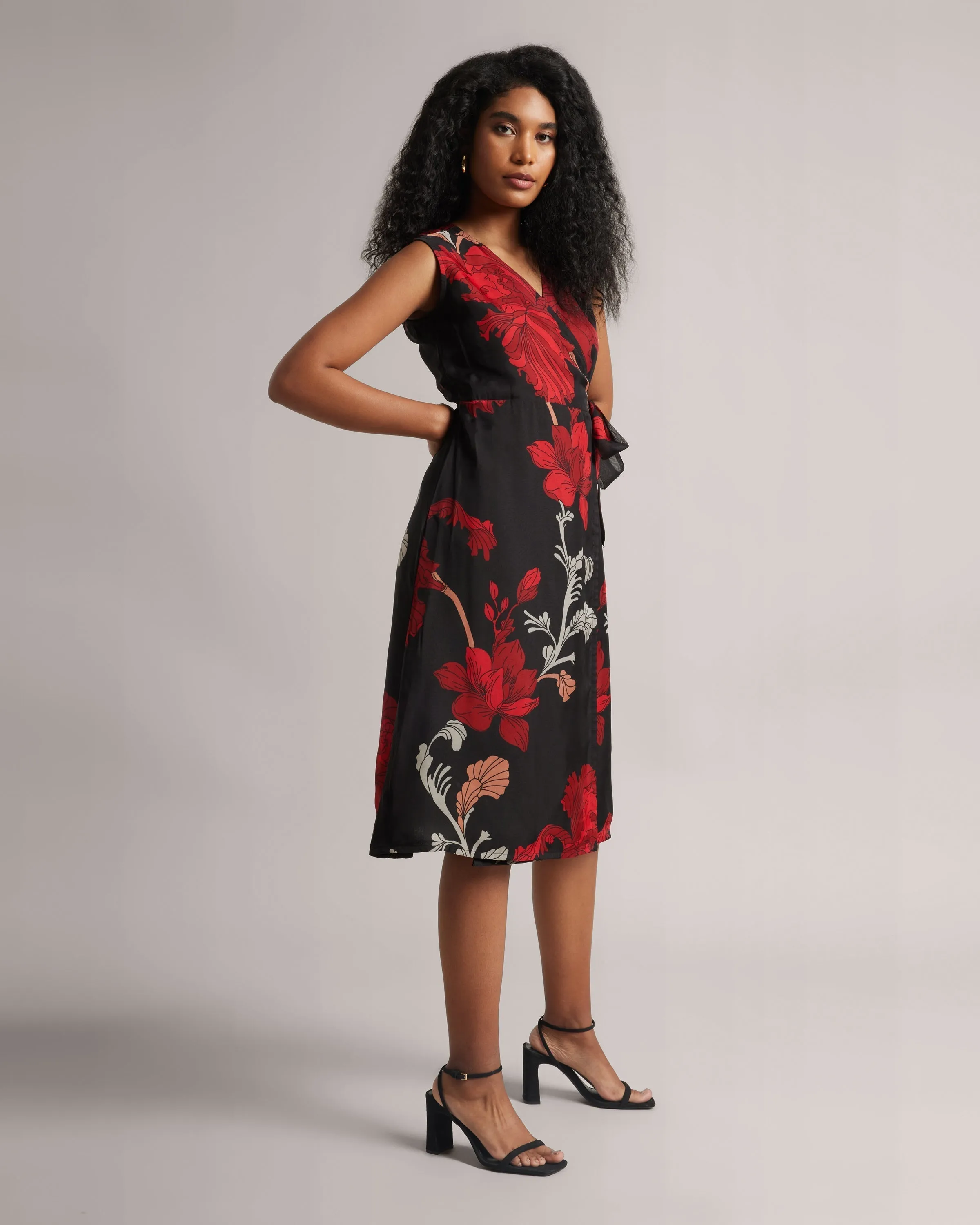 Janasya Black Organza Wrap Midi Dress