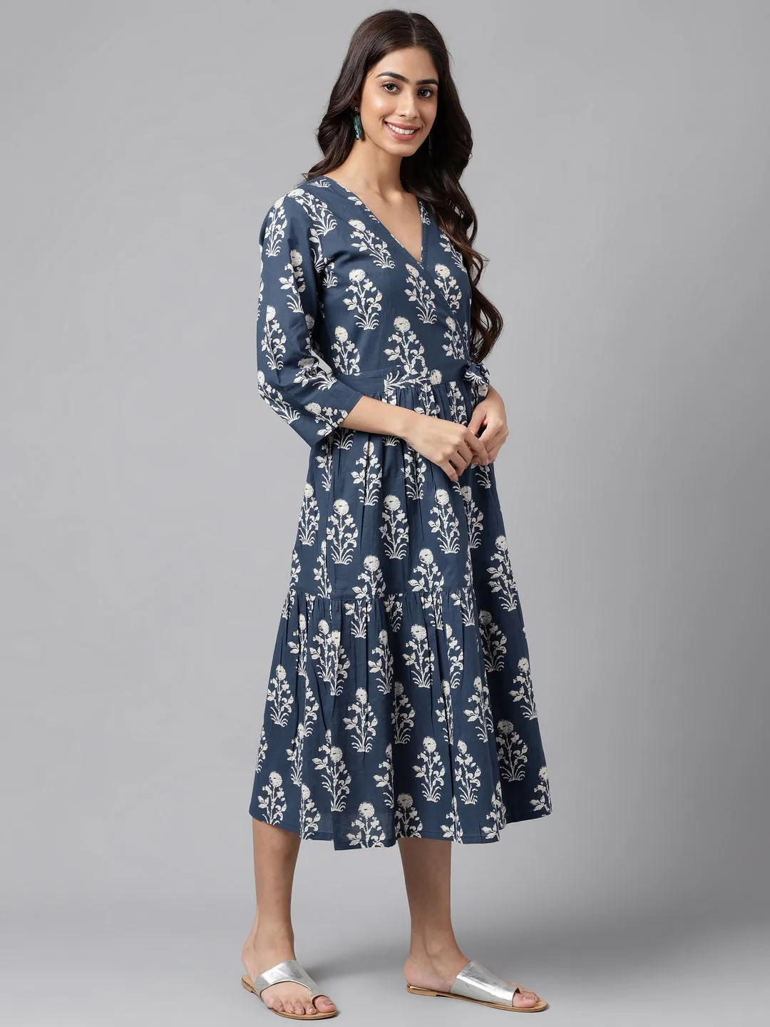 Janasya Navy Blue Floral Wrap Dress