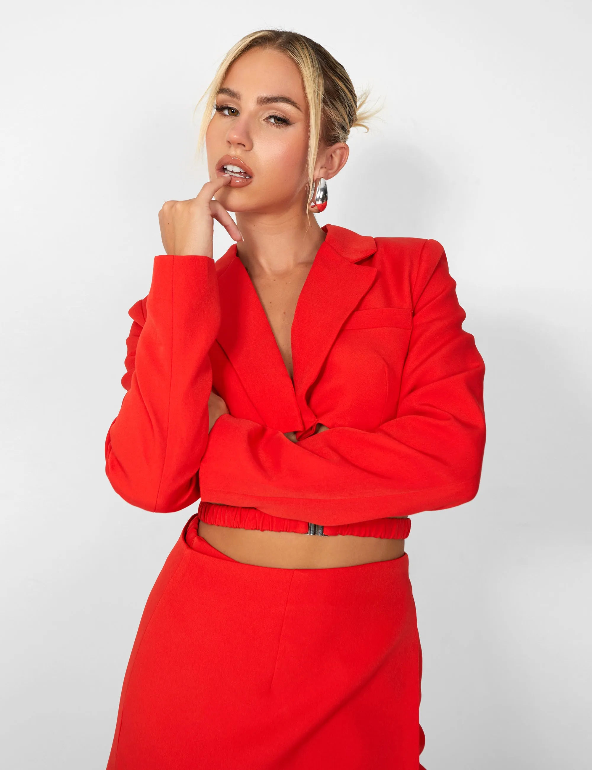 Kaiia Wrap Waist Mini Blazer Dress in Red