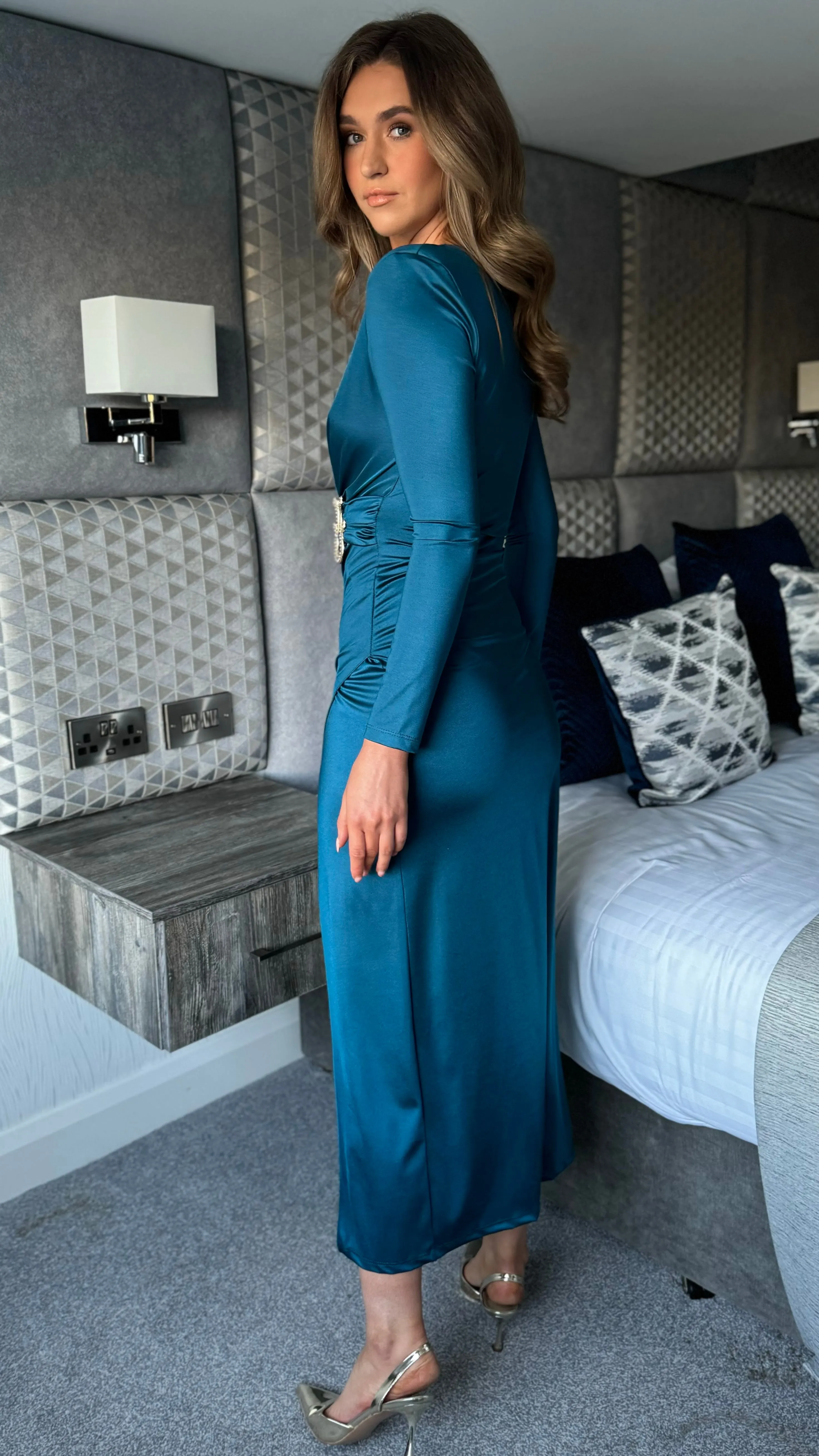 Kingsley Blue V Neckline Wrap Effect Brooch Detail Midi Dress