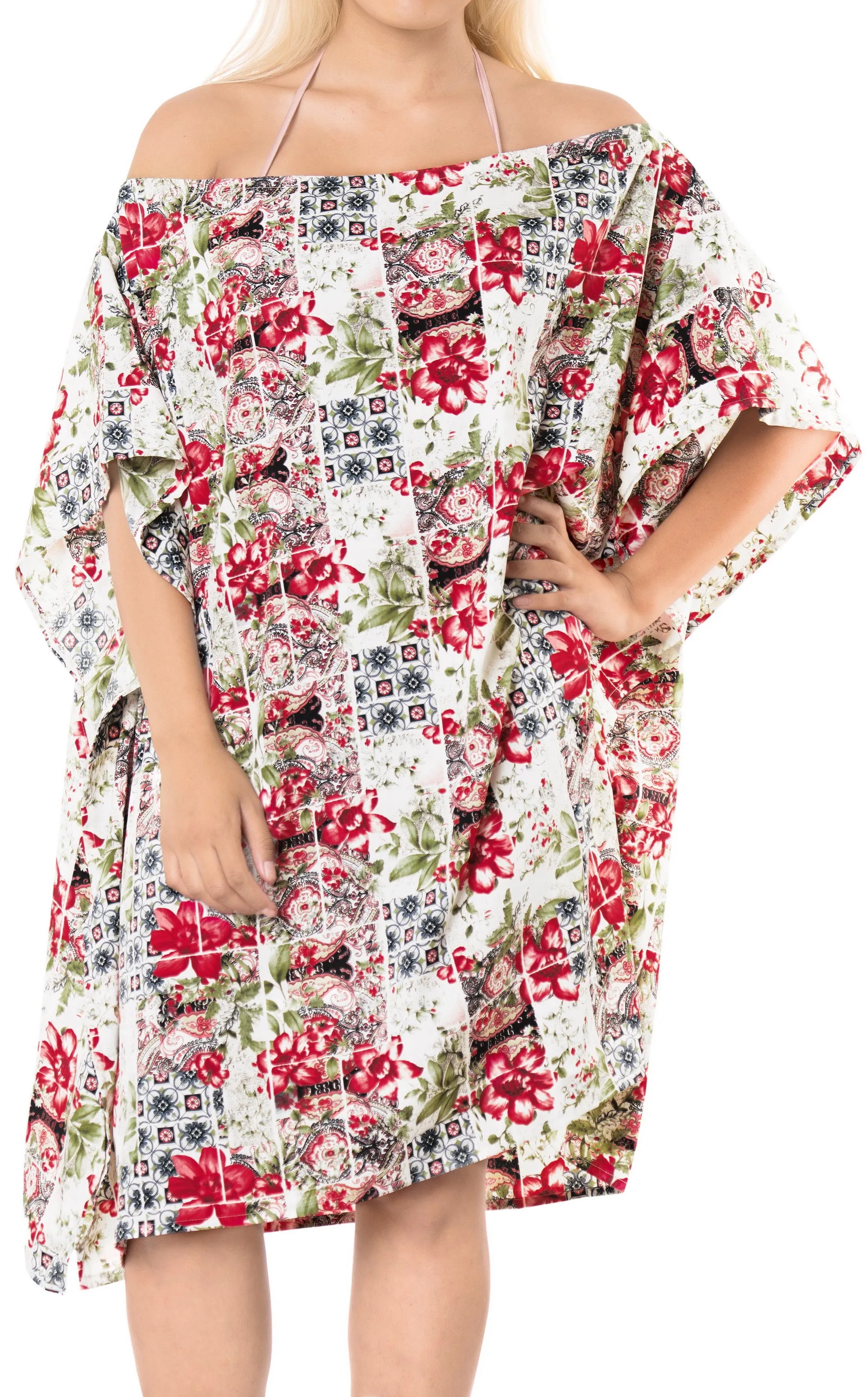 LA LEELA Kimono Beach Women's  Swimwear Swimsuit Bikini Cover up Blouse Red