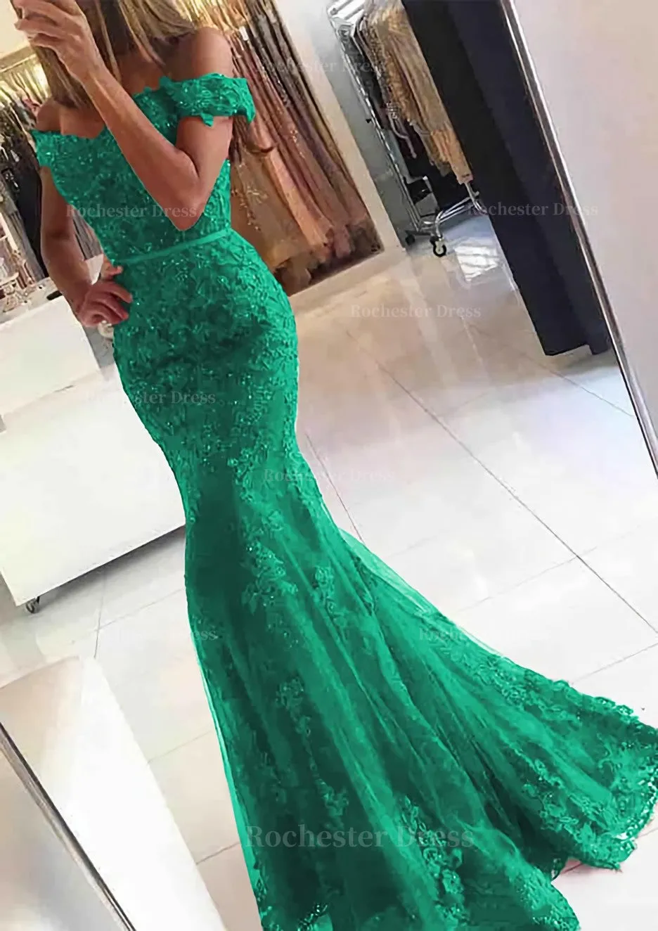 Lace Long/Floor-Length Trumpet/Mermaid Sleeveless Off-The-Shoulder Zipper Prom Dress With Appliqued Beaded