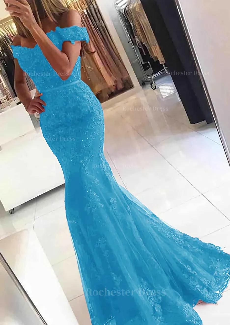 Lace Long/Floor-Length Trumpet/Mermaid Sleeveless Off-The-Shoulder Zipper Prom Dress With Appliqued Beaded