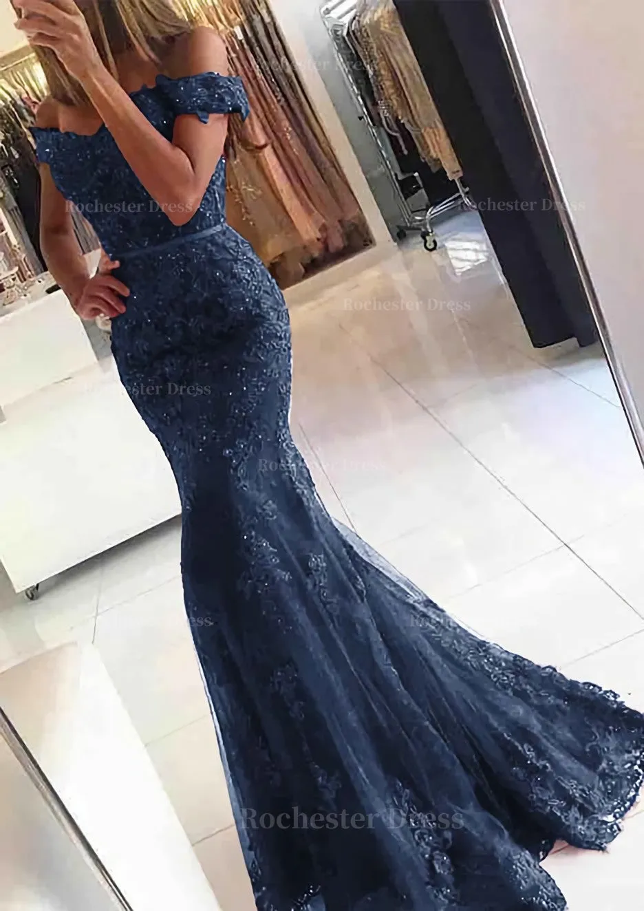 Lace Long/Floor-Length Trumpet/Mermaid Sleeveless Off-The-Shoulder Zipper Prom Dress With Appliqued Beaded