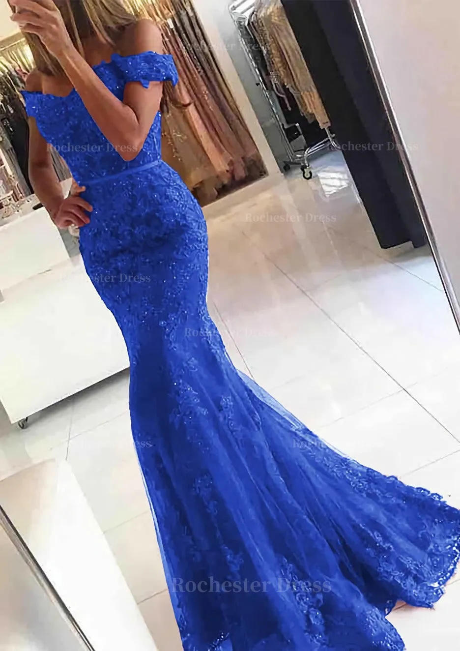 Lace Long/Floor-Length Trumpet/Mermaid Sleeveless Off-The-Shoulder Zipper Prom Dress With Appliqued Beaded