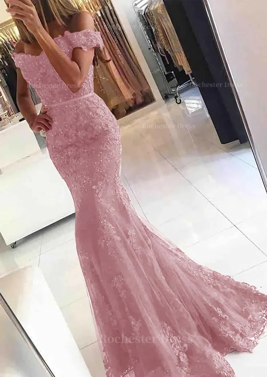 Lace Long/Floor-Length Trumpet/Mermaid Sleeveless Off-The-Shoulder Zipper Prom Dress With Appliqued Beaded