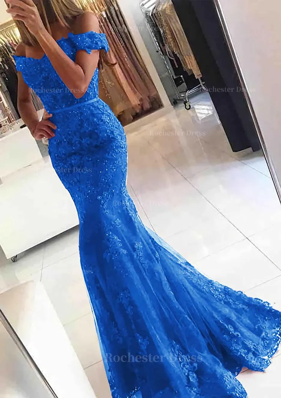 Lace Long/Floor-Length Trumpet/Mermaid Sleeveless Off-The-Shoulder Zipper Prom Dress With Appliqued Beaded