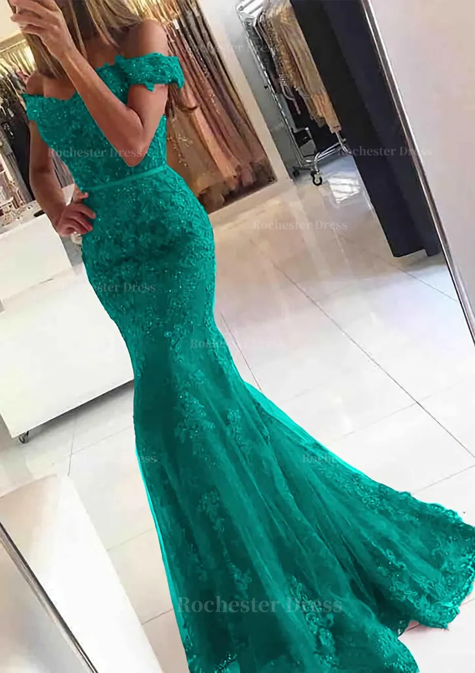 Lace Long/Floor-Length Trumpet/Mermaid Sleeveless Off-The-Shoulder Zipper Prom Dress With Appliqued Beaded