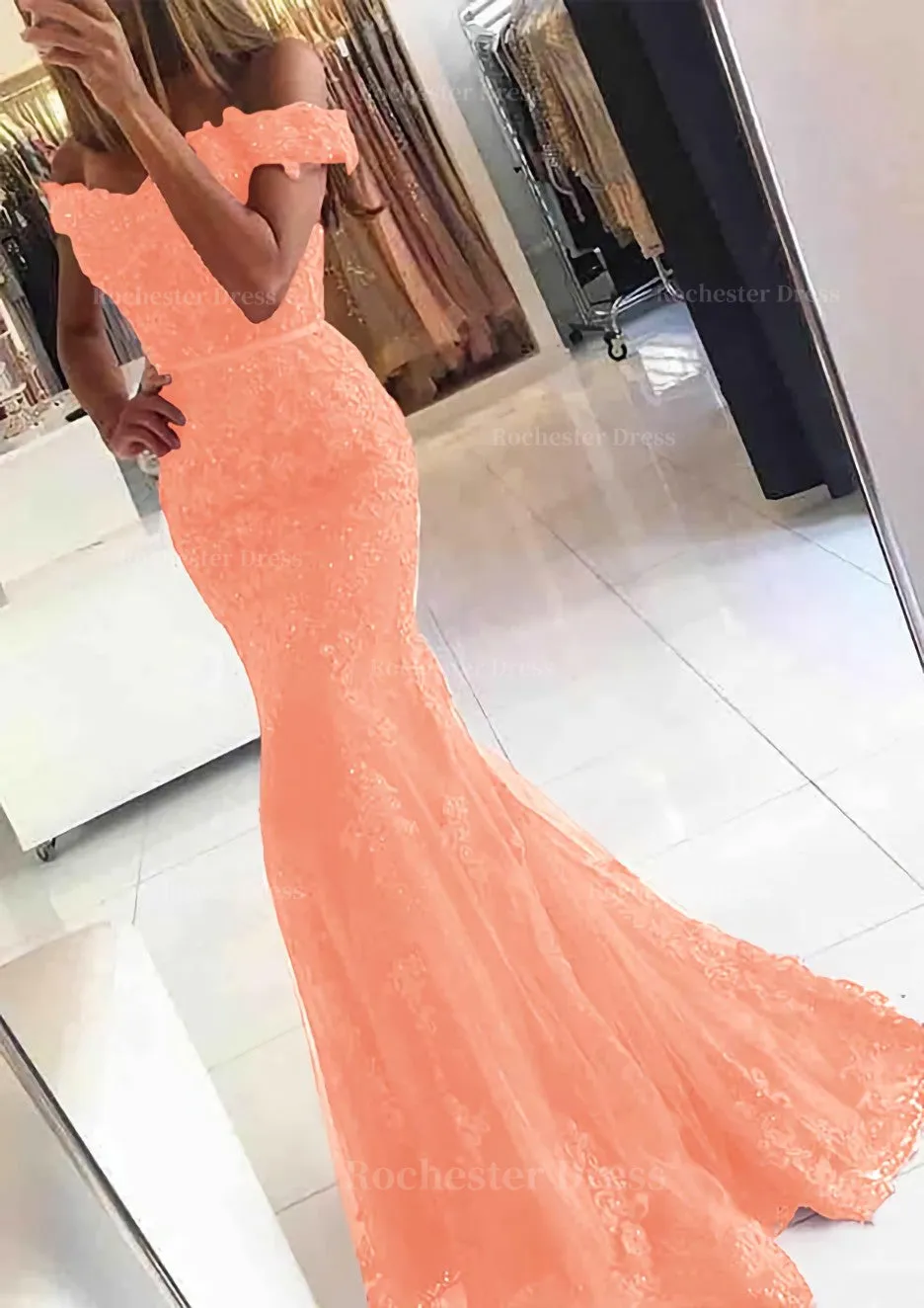 Lace Long/Floor-Length Trumpet/Mermaid Sleeveless Off-The-Shoulder Zipper Prom Dress With Appliqued Beaded