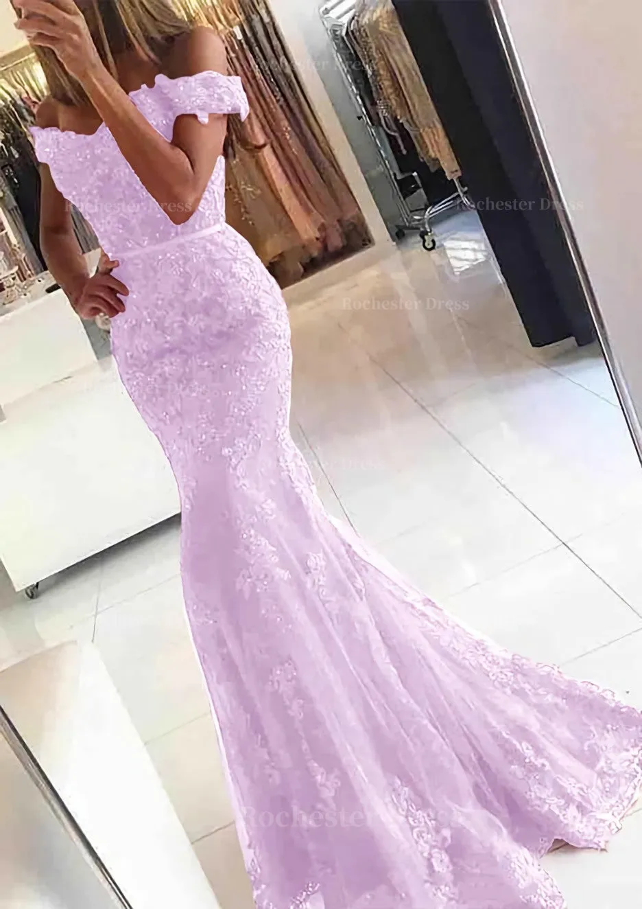 Lace Long/Floor-Length Trumpet/Mermaid Sleeveless Off-The-Shoulder Zipper Prom Dress With Appliqued Beaded
