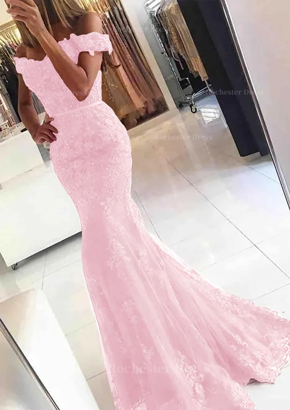 Lace Long/Floor-Length Trumpet/Mermaid Sleeveless Off-The-Shoulder Zipper Prom Dress With Appliqued Beaded