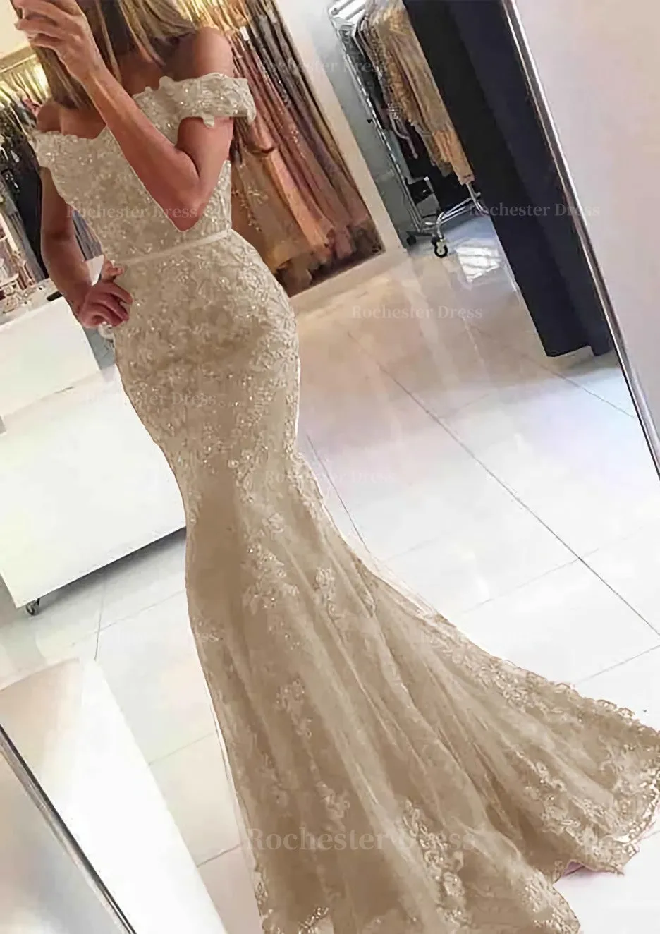 Lace Long/Floor-Length Trumpet/Mermaid Sleeveless Off-The-Shoulder Zipper Prom Dress With Appliqued Beaded