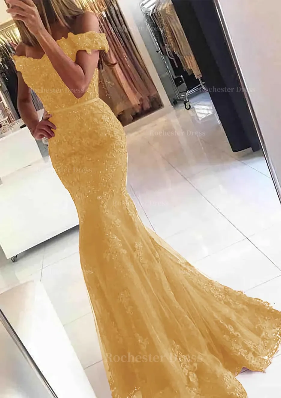 Lace Long/Floor-Length Trumpet/Mermaid Sleeveless Off-The-Shoulder Zipper Prom Dress With Appliqued Beaded