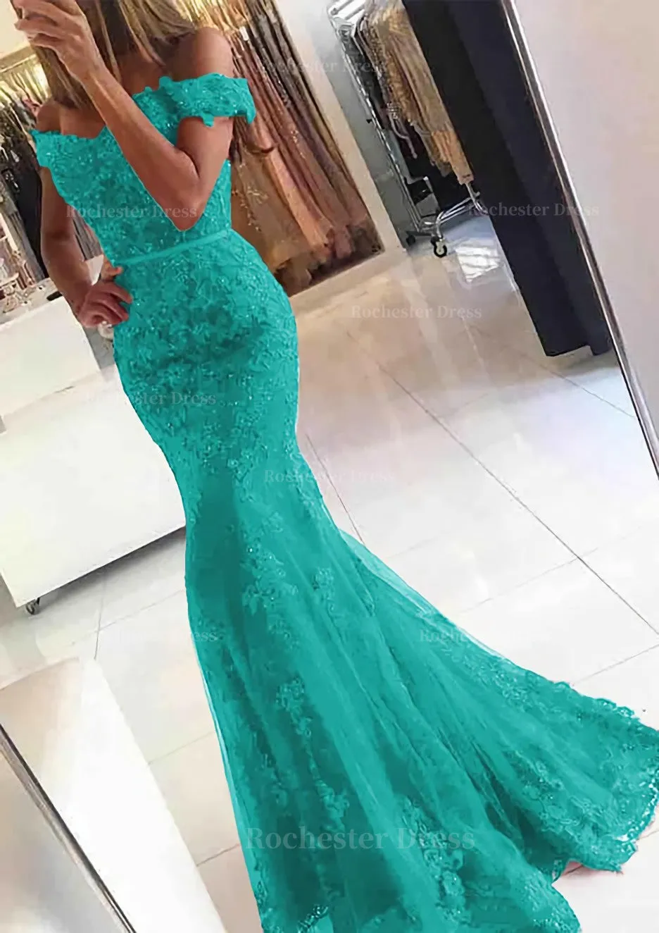 Lace Long/Floor-Length Trumpet/Mermaid Sleeveless Off-The-Shoulder Zipper Prom Dress With Appliqued Beaded